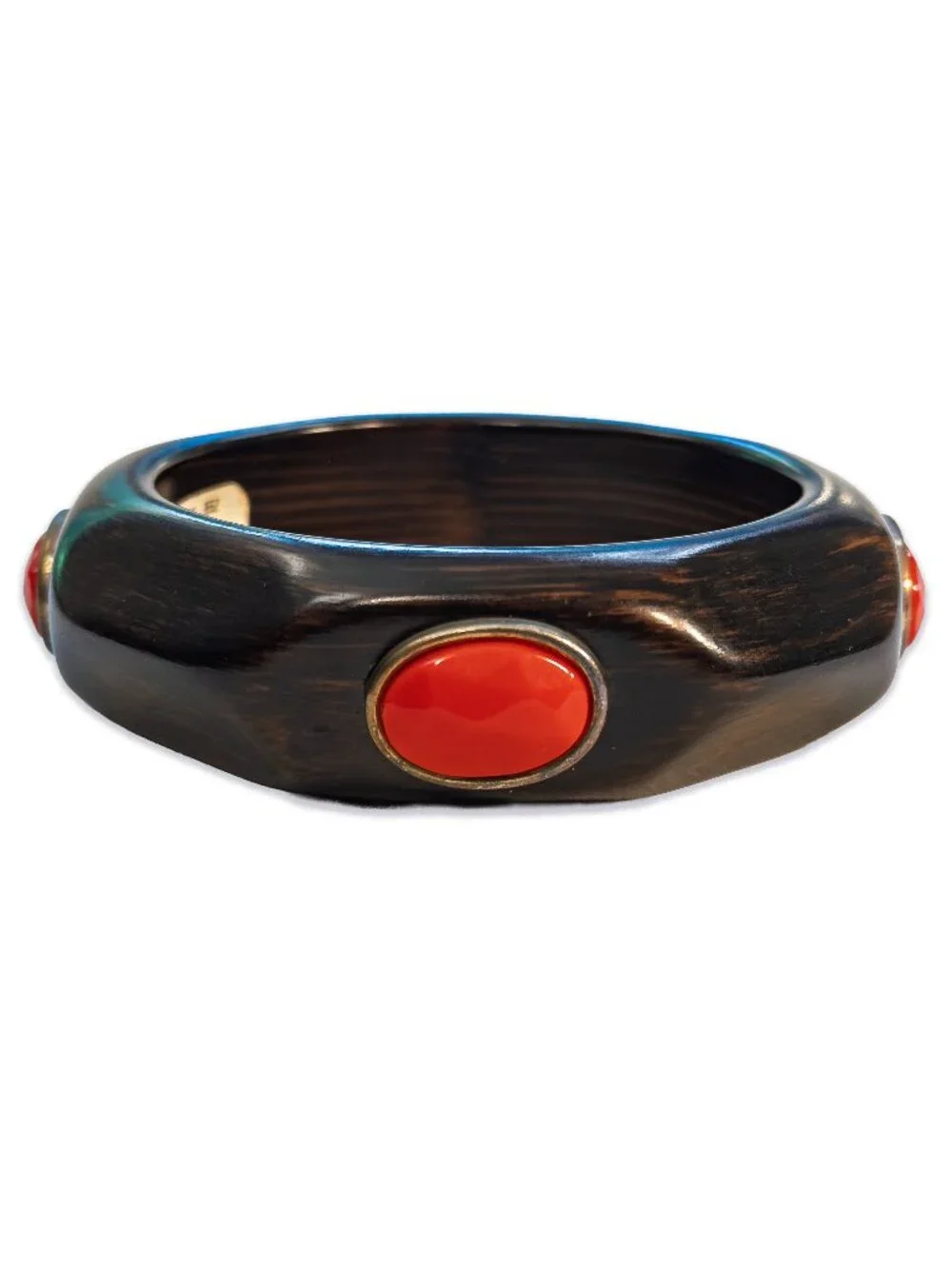 Lucite Faux Wood Bangle Fashion Bracelet with Red Cabochon Inlays
